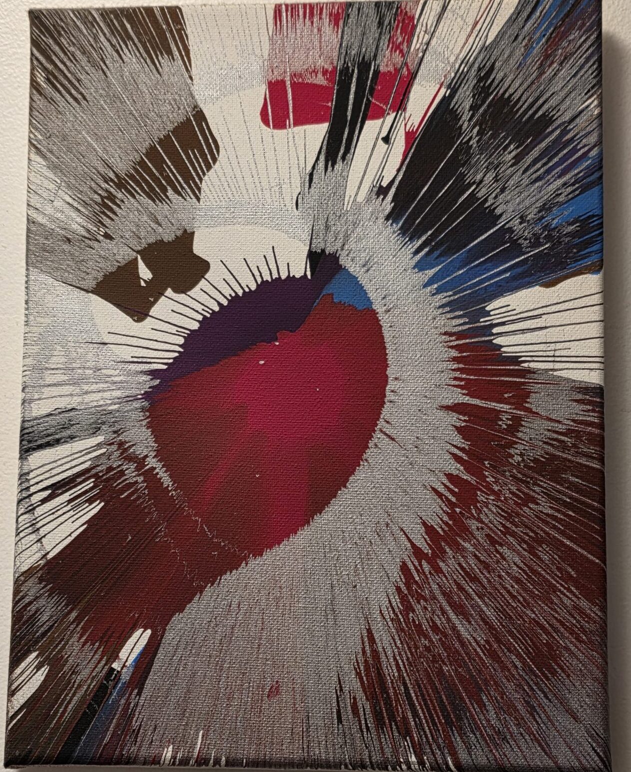 Drill Art: acrylic paint using grey, red, blue, brown and black