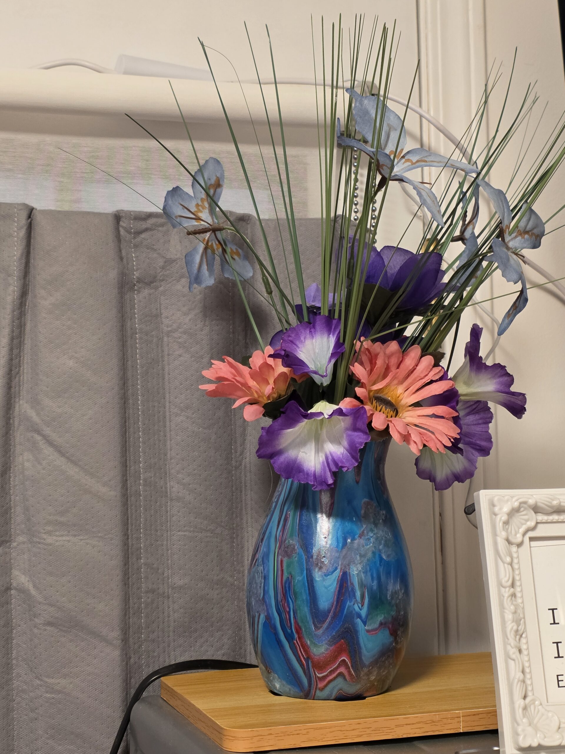 Blue, Red paint pour on glass vase with Dollar Tree mixed flowers
