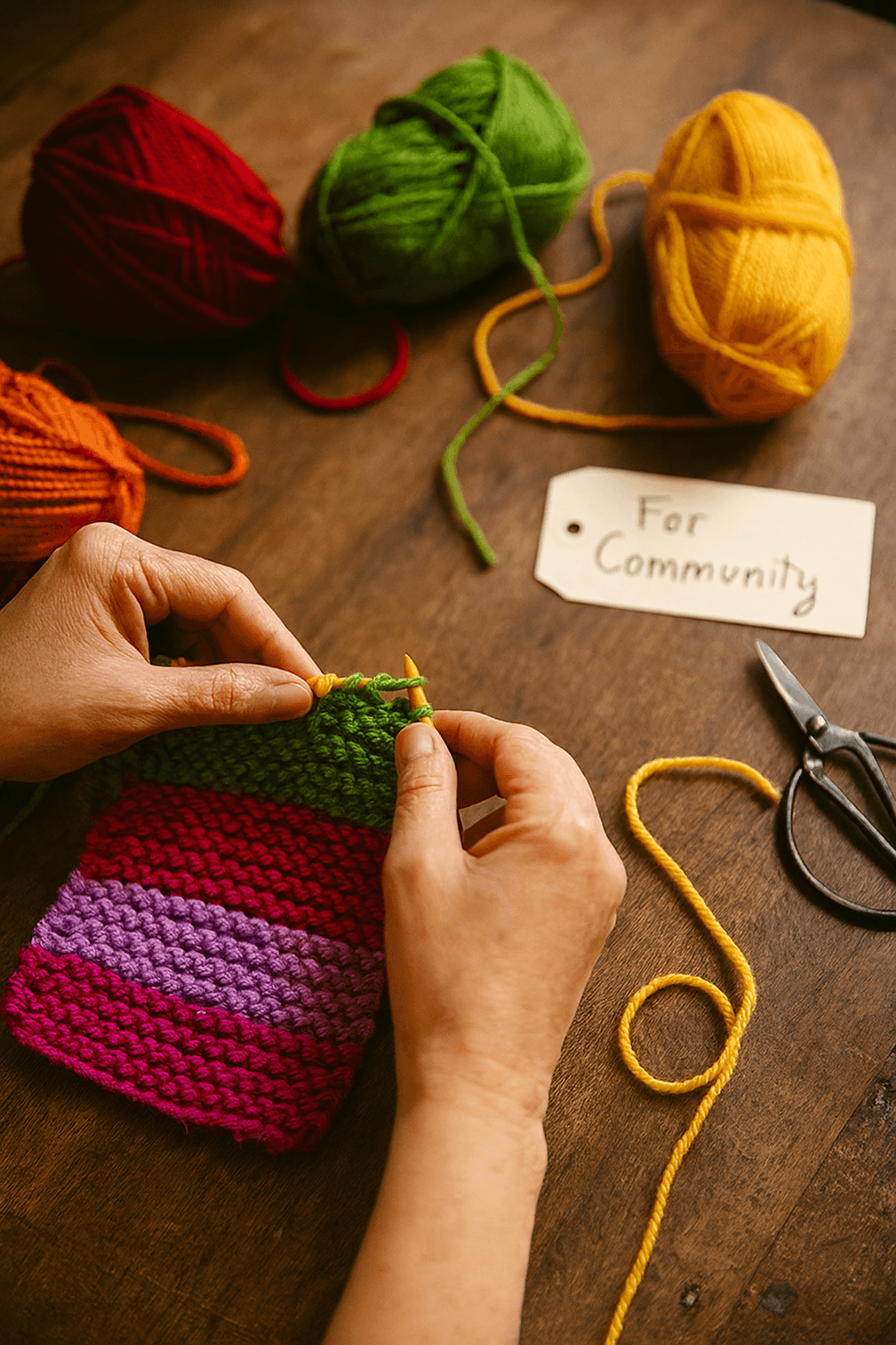 "Hands knitting a colorful square on a wooden table with yarn, scissors, and a handwritten 'For Community' tag."