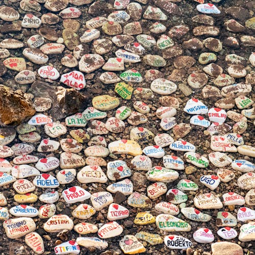 "Hands knitting a colorful square on a wooden table with yarn, scissors, and a handwritten 'For Community' tag."